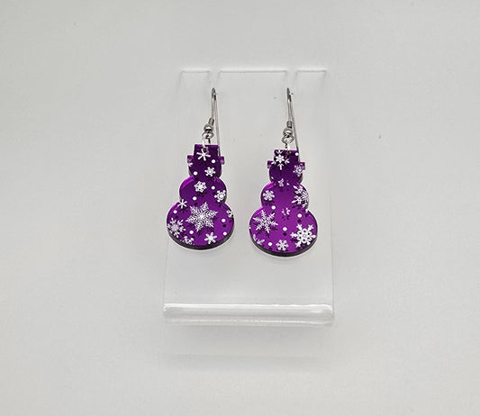 Mirror Snowman Christmas Earrings - Purple