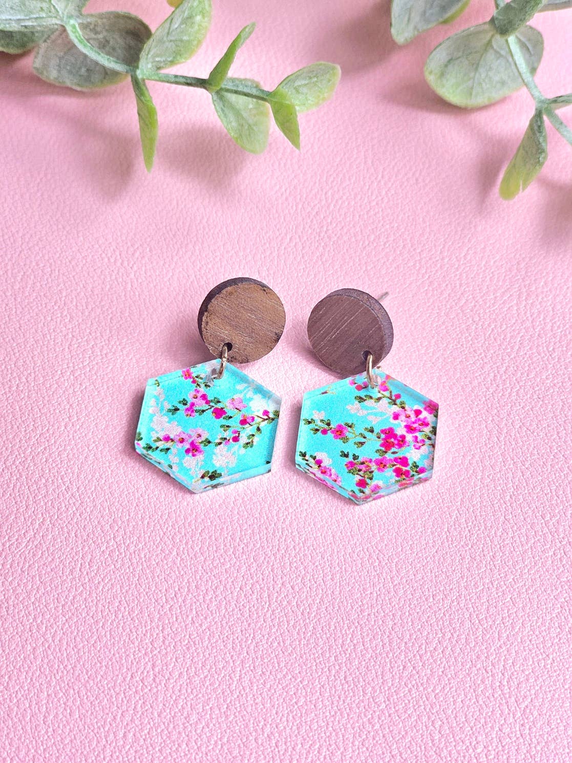 Cherry Blossom Wood Stud Dangle Earrings