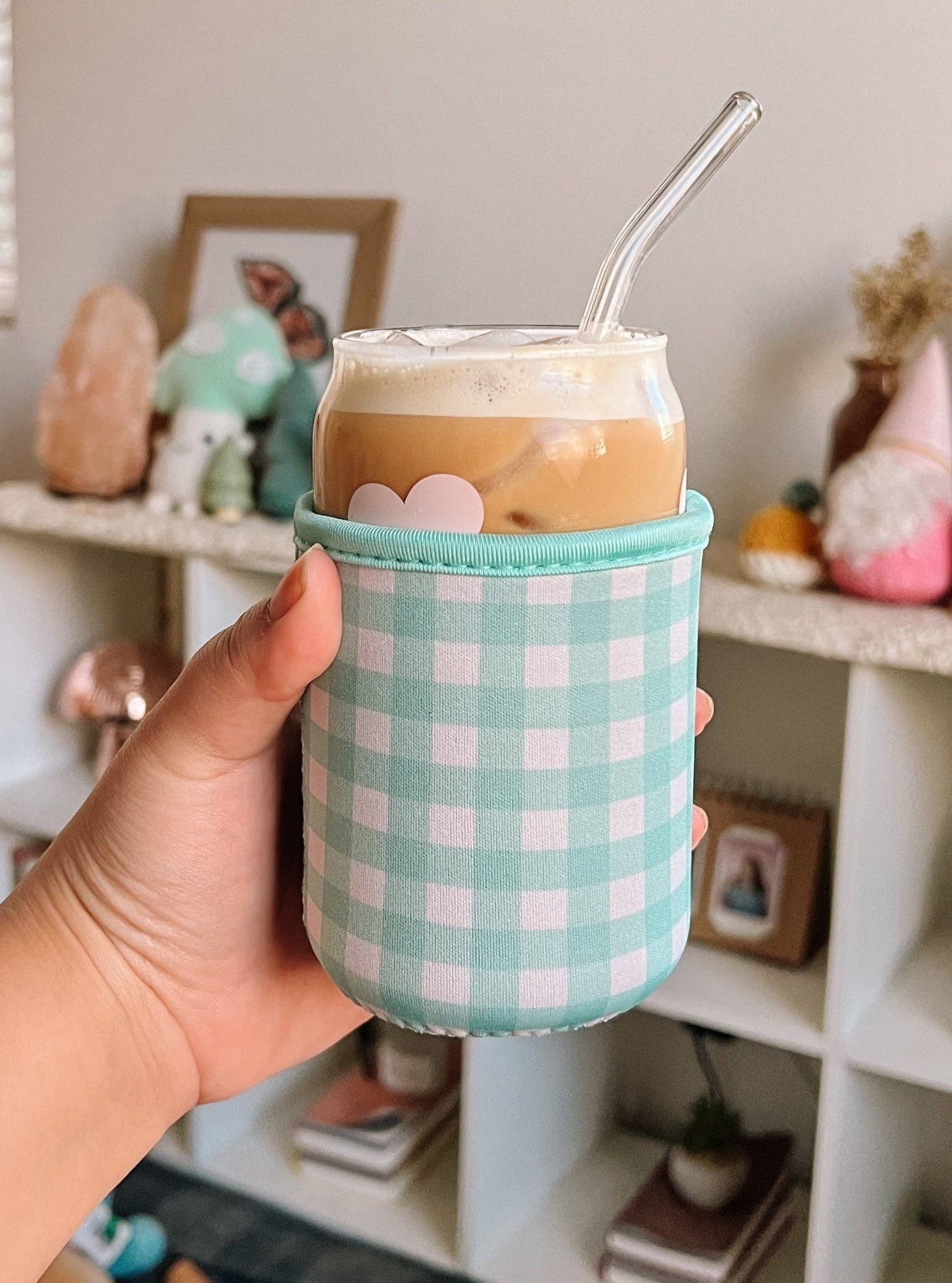 Mint Gingham Iced Coffee Sleeve: Large (22-24oz)