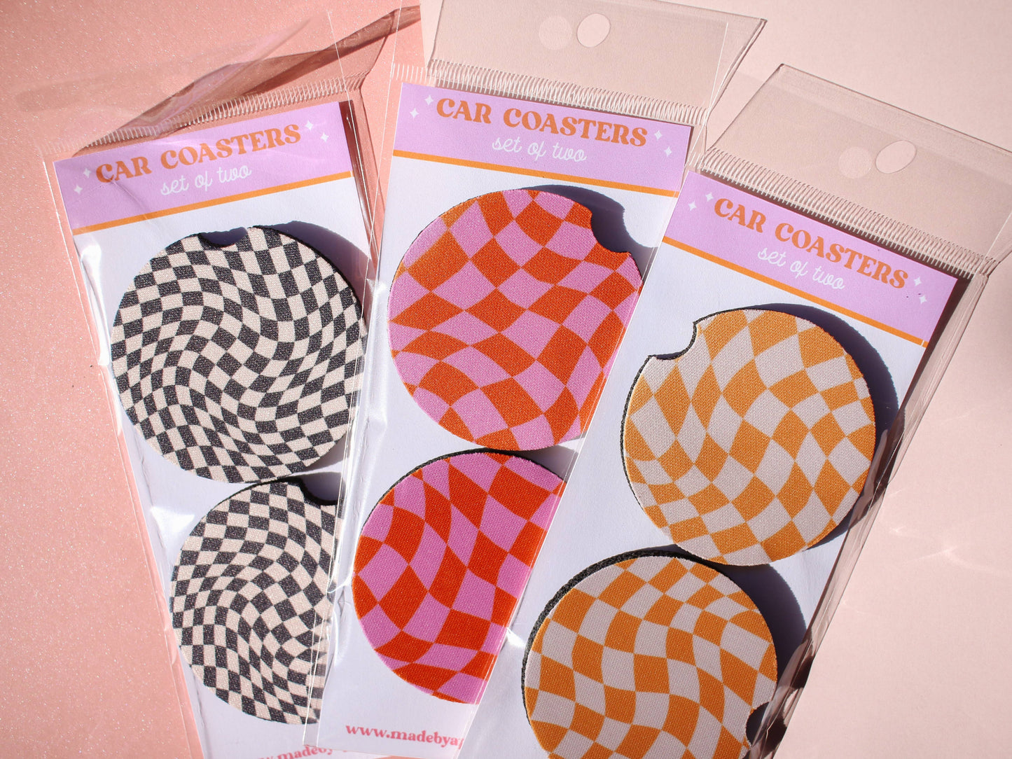 Wavy Checkered Car Coaster Set - Black & White