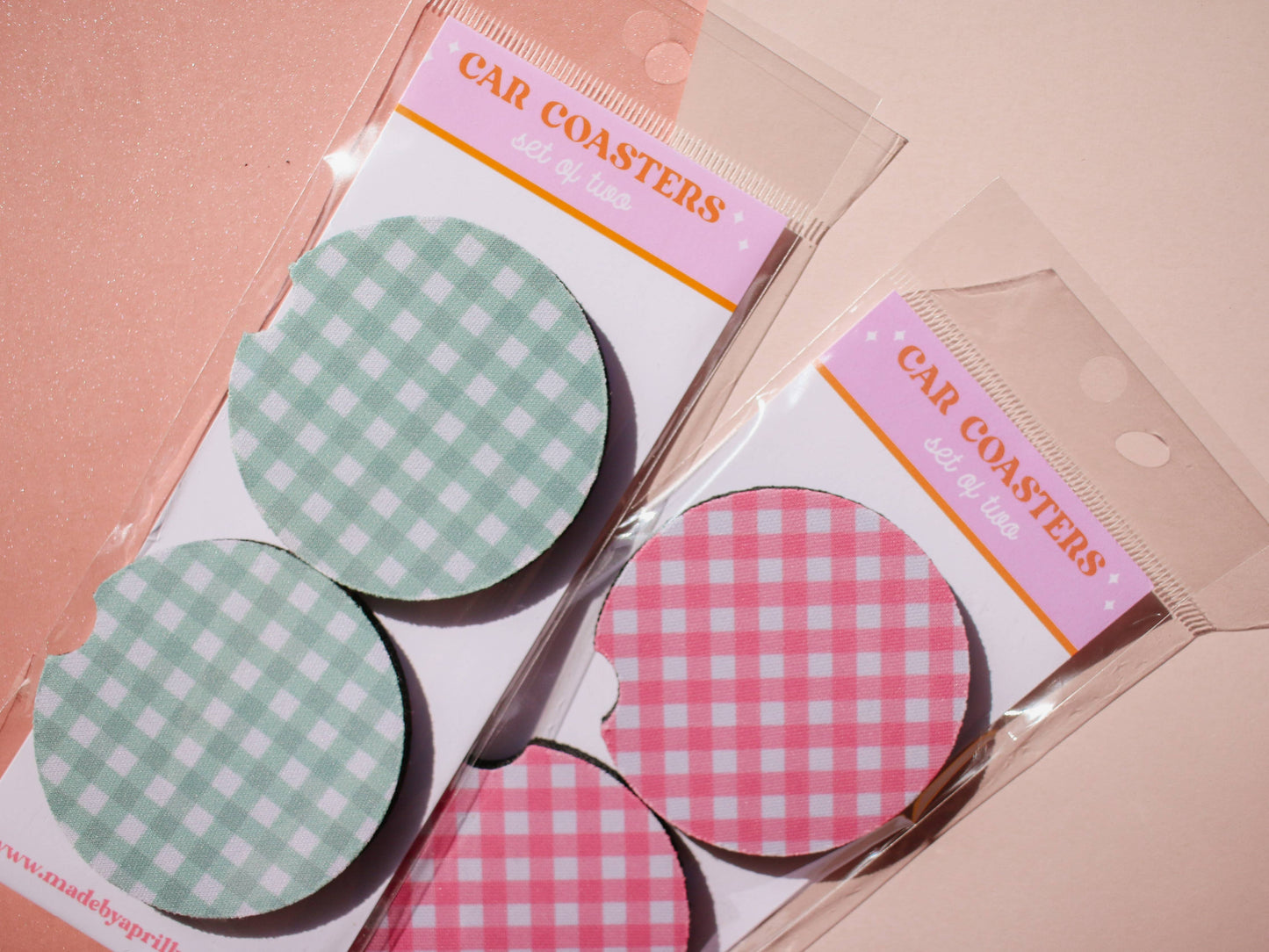 Gingham Car Coaster Set - Pink